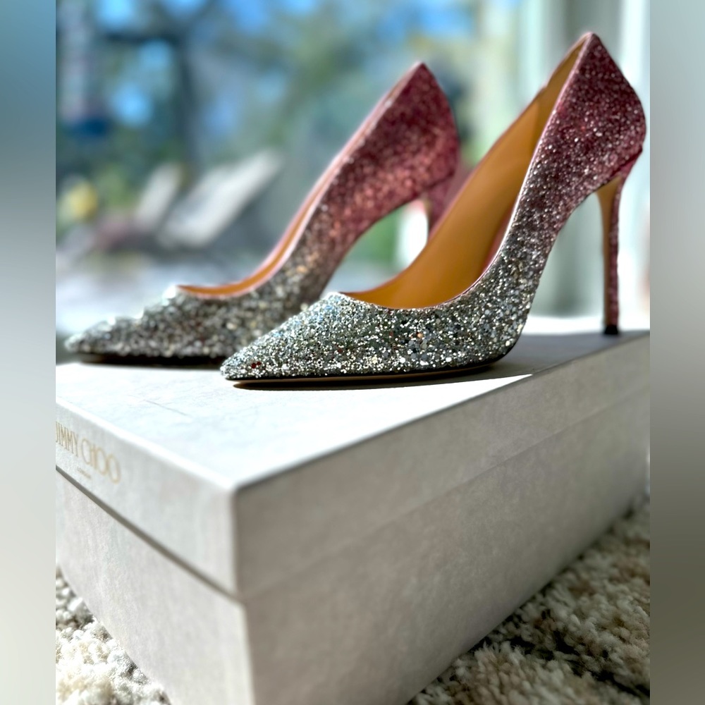 JIMMY CHOO Romy 100 dégradé glittered leather pumps